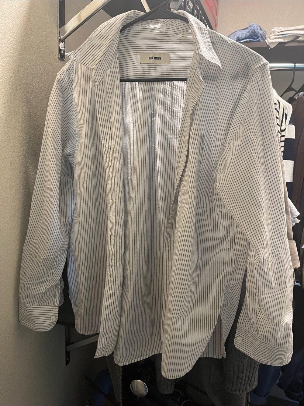 Buck Mason Mainstay Gray and White Striped Shirt, Small.